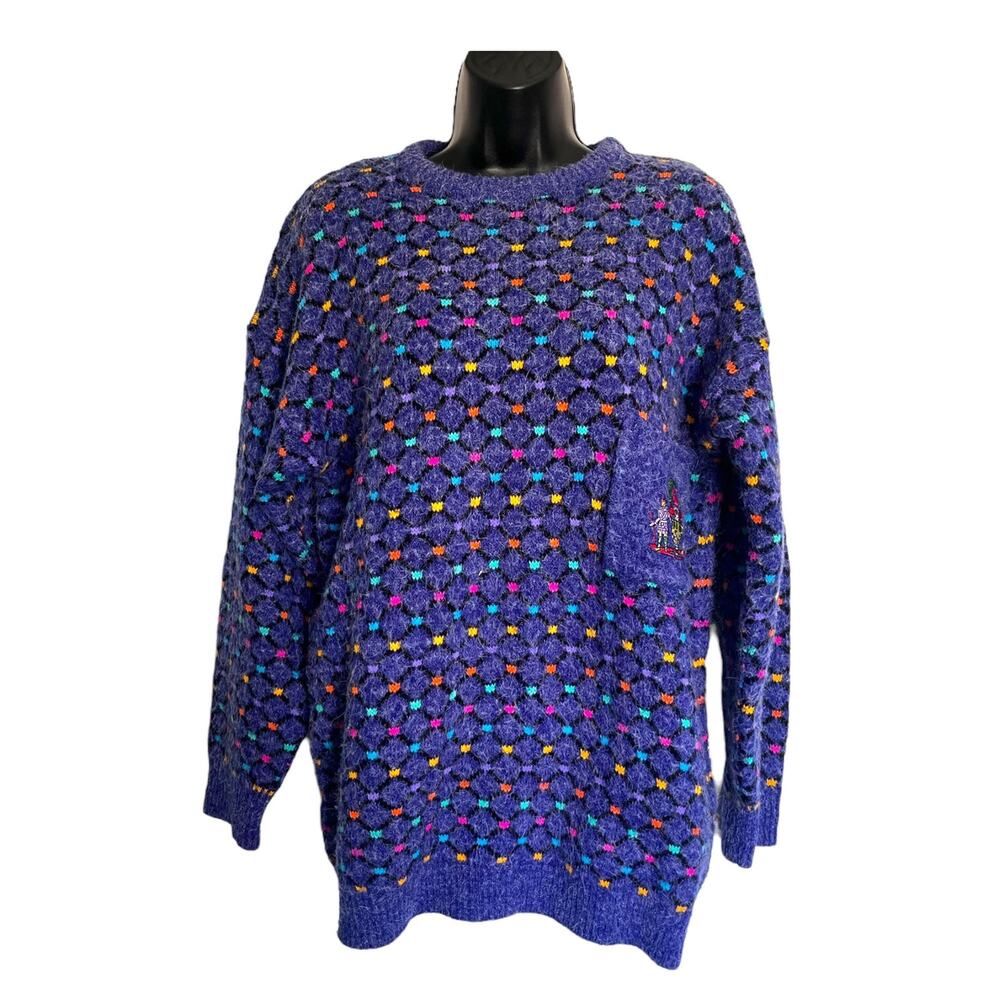 VTG PURPLE RETRO SWEATER 80s 90s Long EMBROIDERED CREST POCKET BY KITTYHAWK
 M